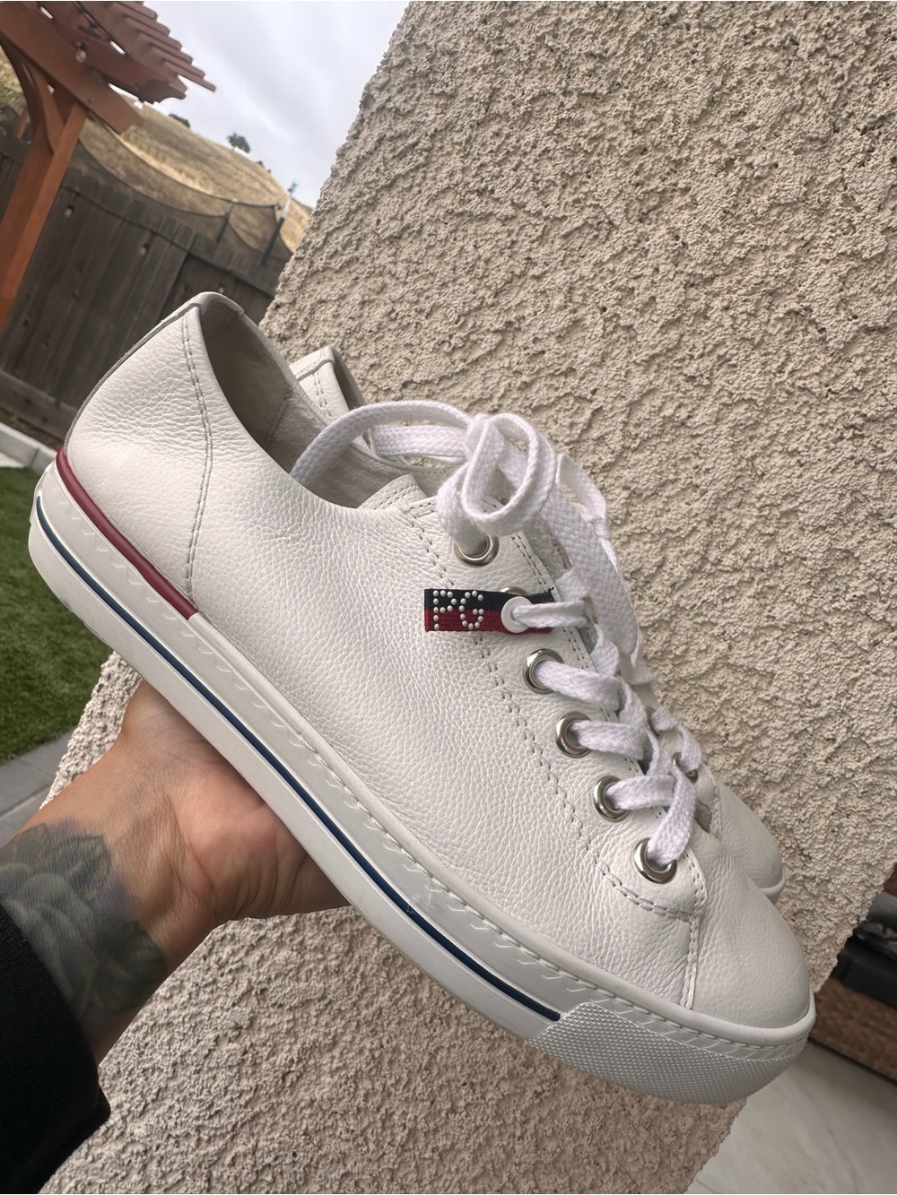 Paul Green White Leather Sneakers with Red & Blue Trim